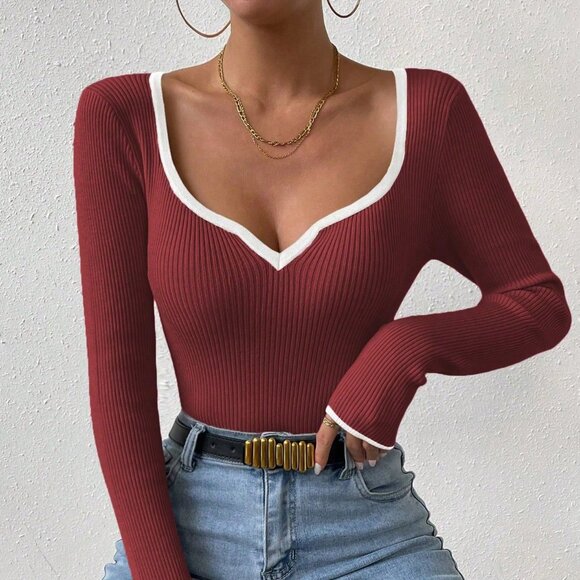 Red Casual Women's Contrast Trim Sweetheart Neck Fitted Long Sleeve Sweater - Picture 5 of 6